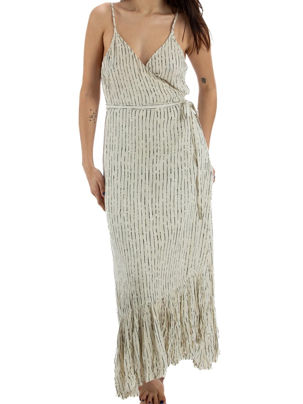 Billabong Striped Wrap Maxi Dress Cream Black Ruffle Hem Size Medium